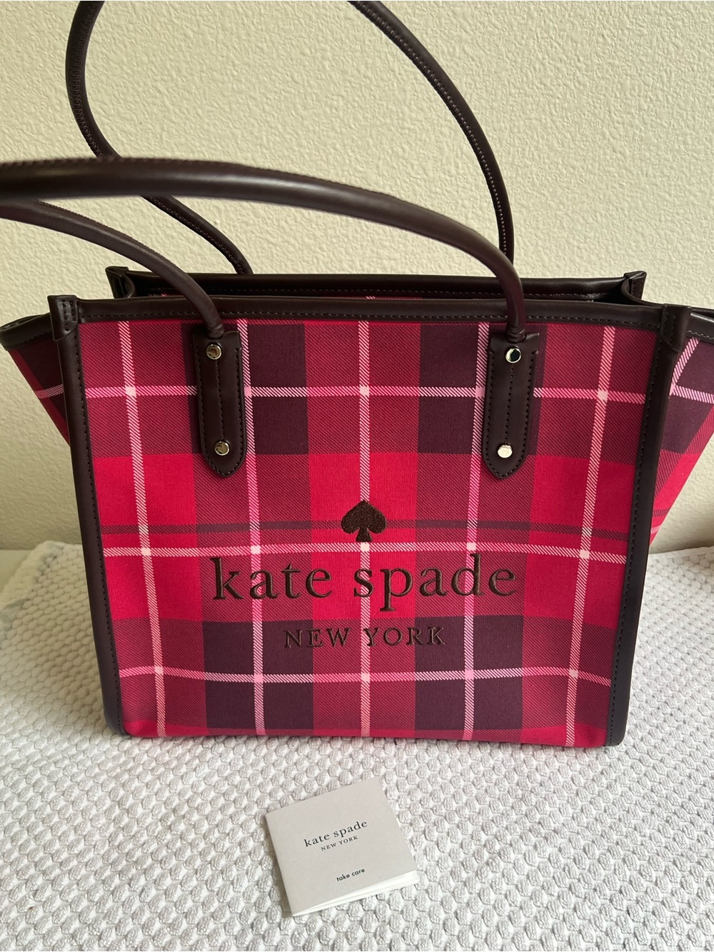 Kate Spade Pink Plaid Tote with Brown Trimming Pristine Condition